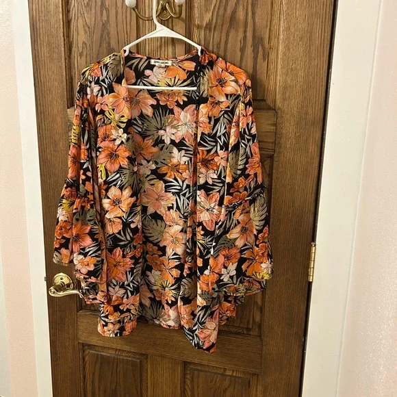 Billabong Floral Tropical Hawaiian Kimono Cardigan - Orange and Black Small - Picture 3 of 8